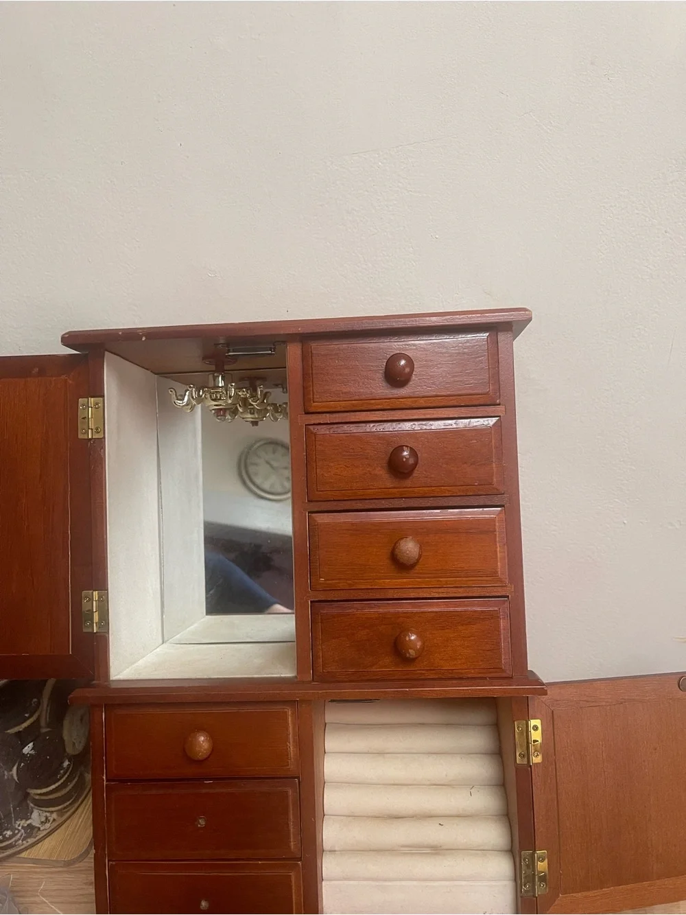 Vintage Mele Tall Wooden Jewelry Box with Seven Drawers and Drawers Mirror